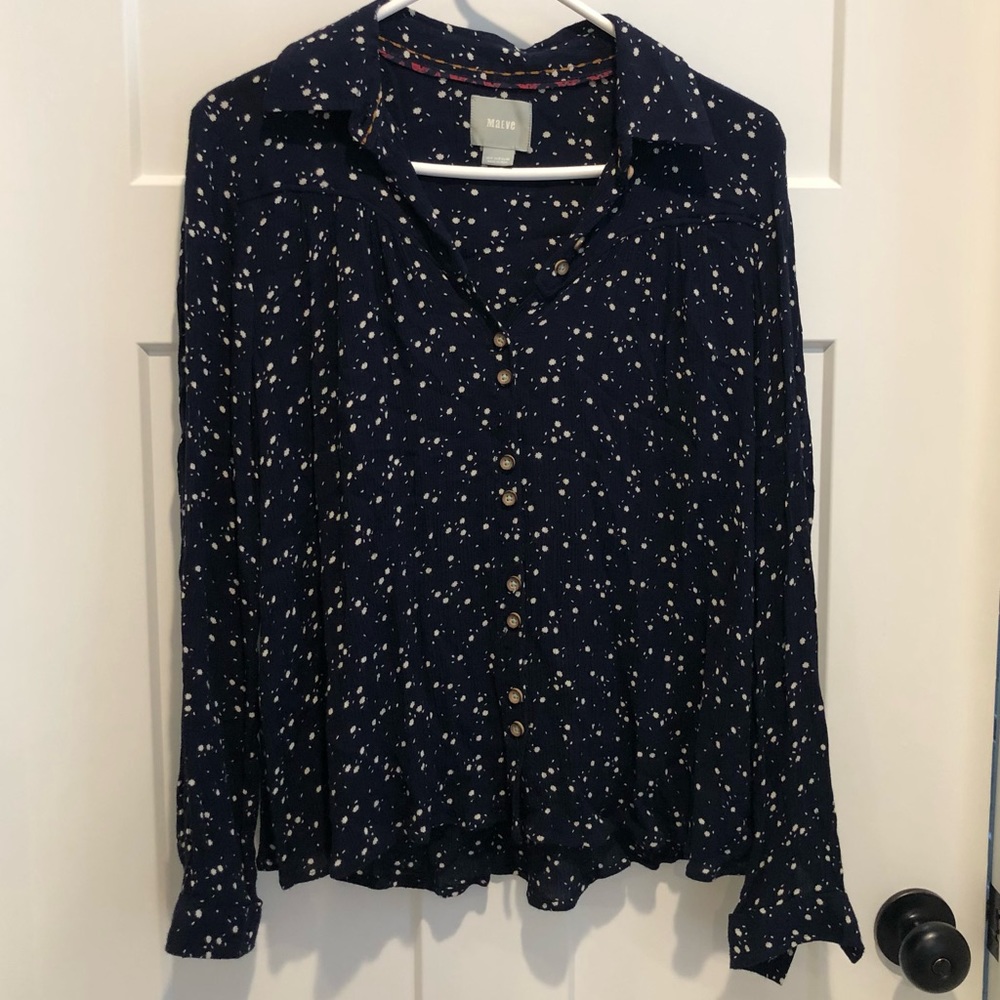 Maeve Anthropologie Navy Blue Dot Button-down Blouse